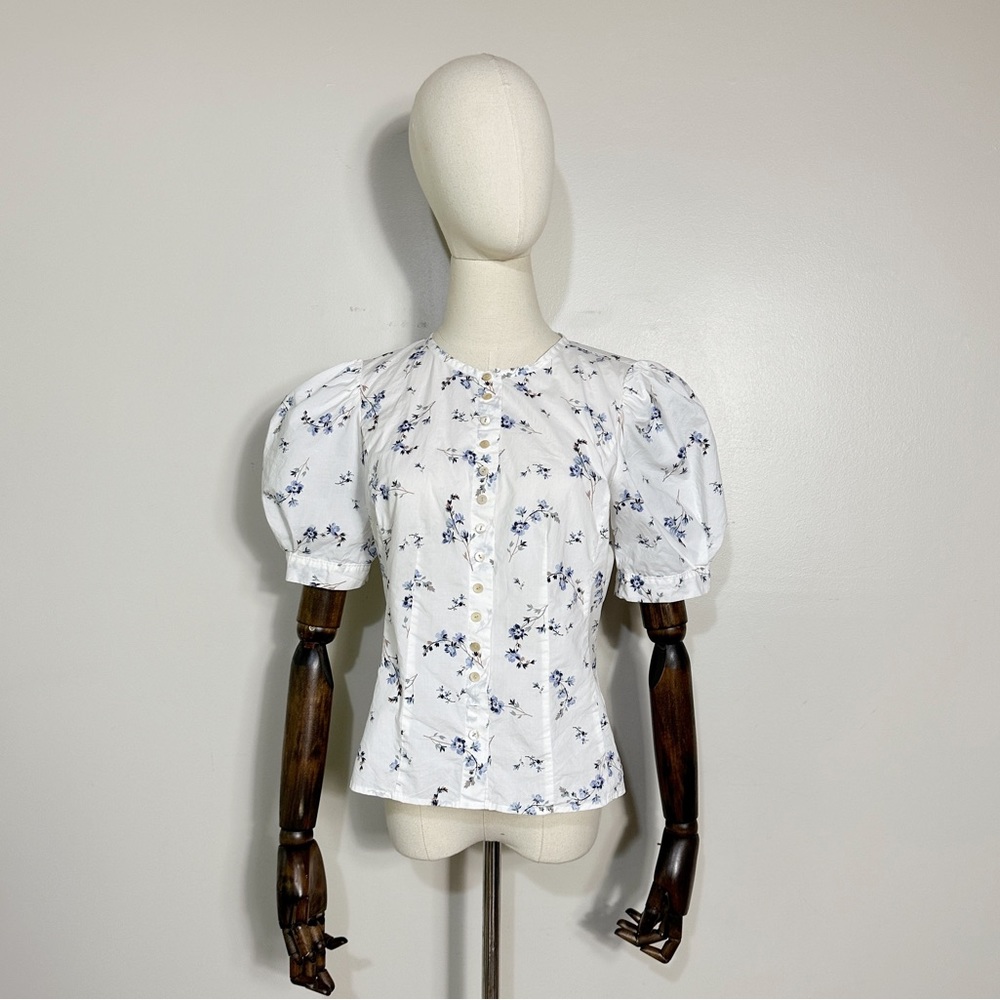 Rebecca Taylor puff sleeve cotton blouse in snow combo